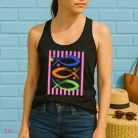 Christian Fish Symbol Striped Retro Women's Tank Top thumb 2