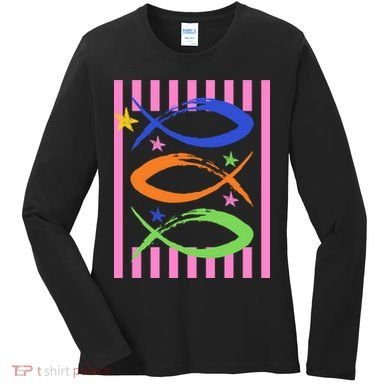 Christian Fish Symbol Striped Retro Women's Long Sleeve Shirt