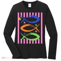 Christian Fish Symbol Striped Retro Women's Long Sleeve Shirt thumb 0