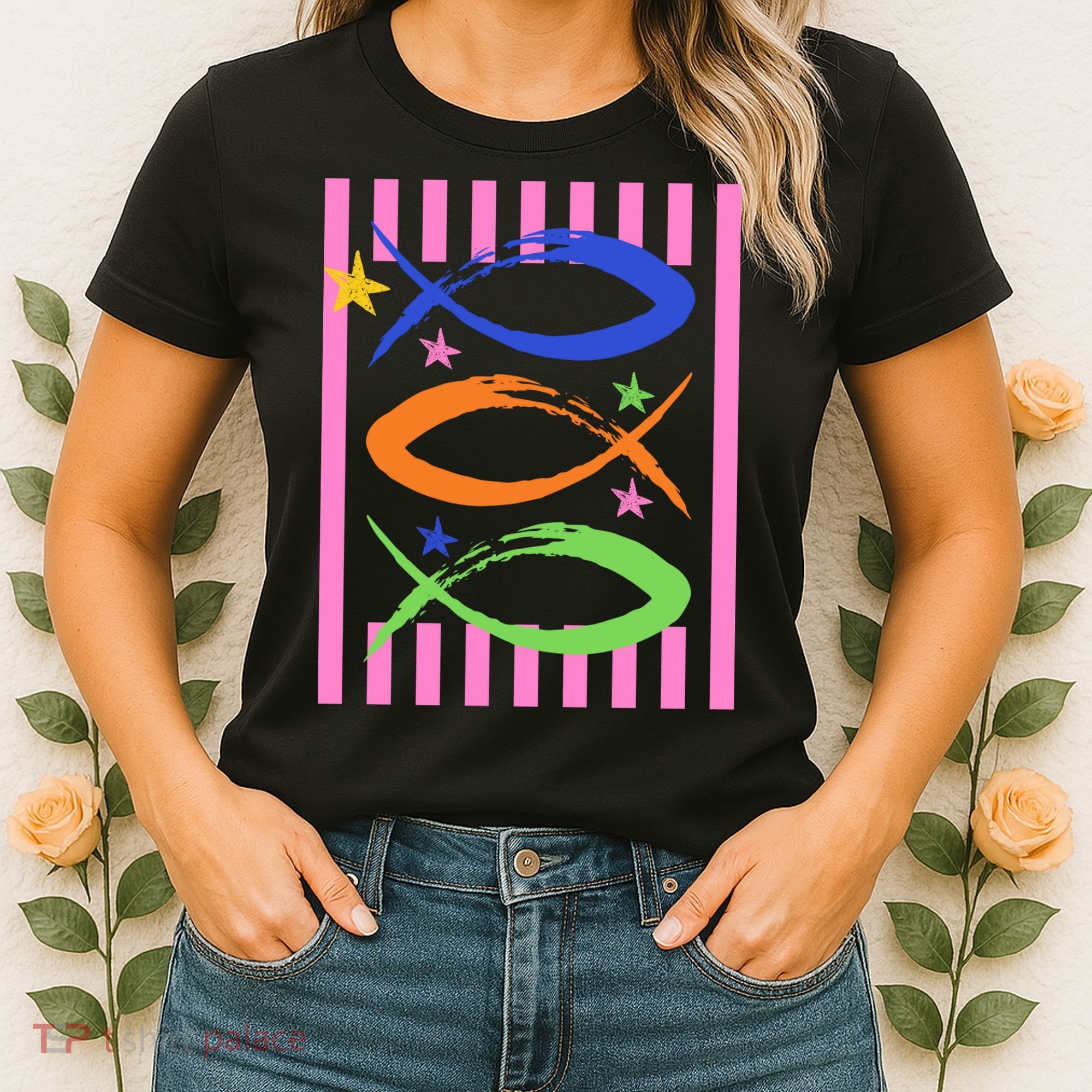 Christian Fish Symbol Striped Retro Women's T-Shirt