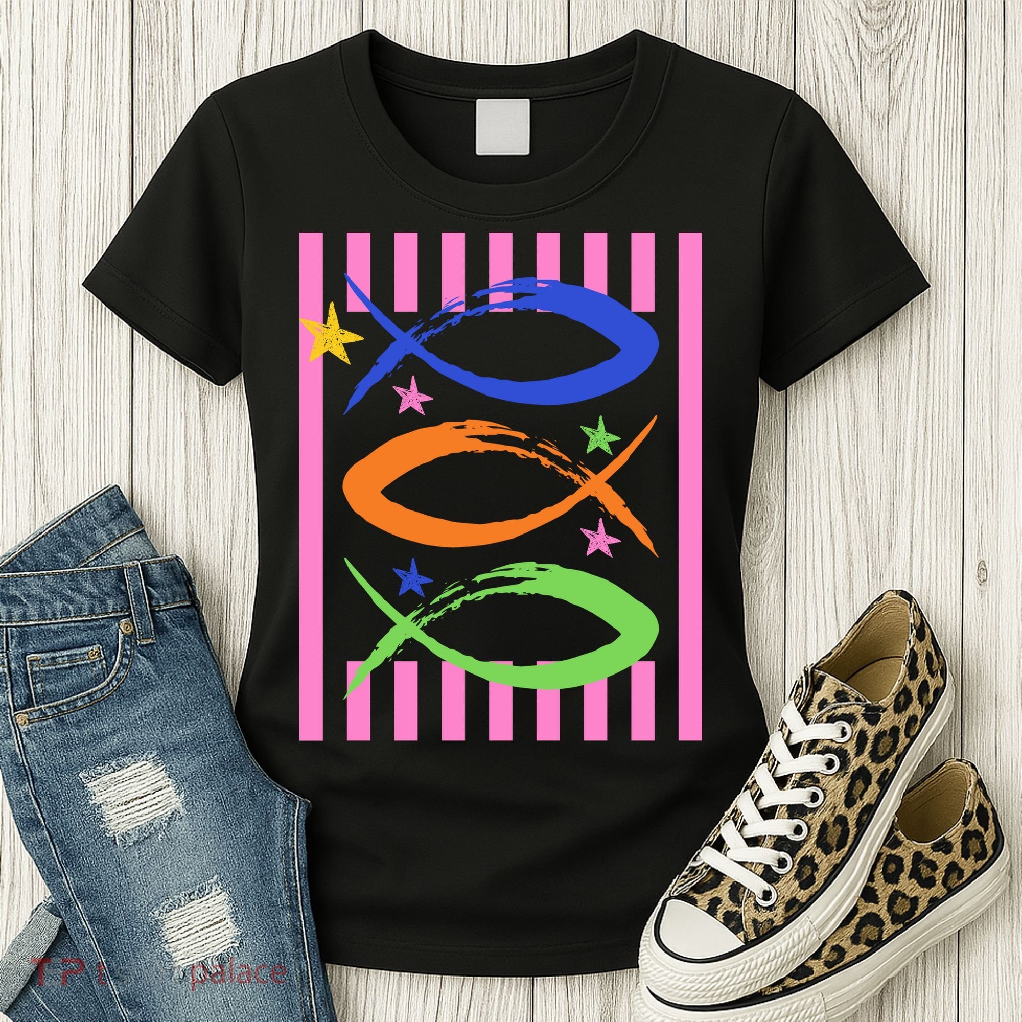 Christian Fish Symbol Striped Retro Women's T-Shirt