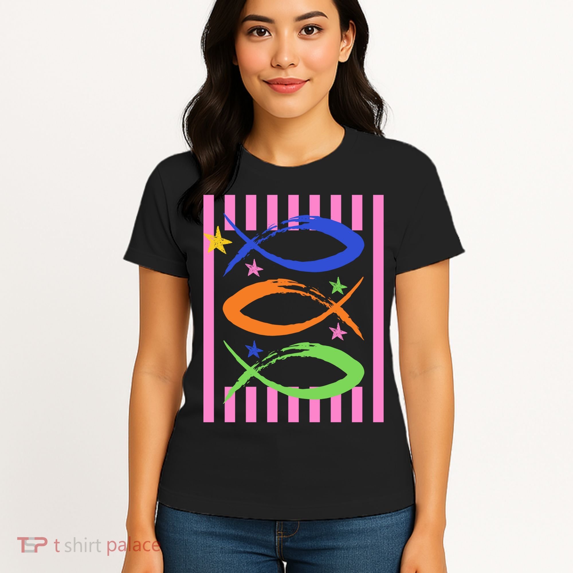 Christian Fish Symbol Striped Retro Women's T-Shirt