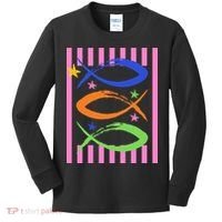 Christian Fish Symbol Striped Retro Kids Long Sleeve Shirt thumb 0