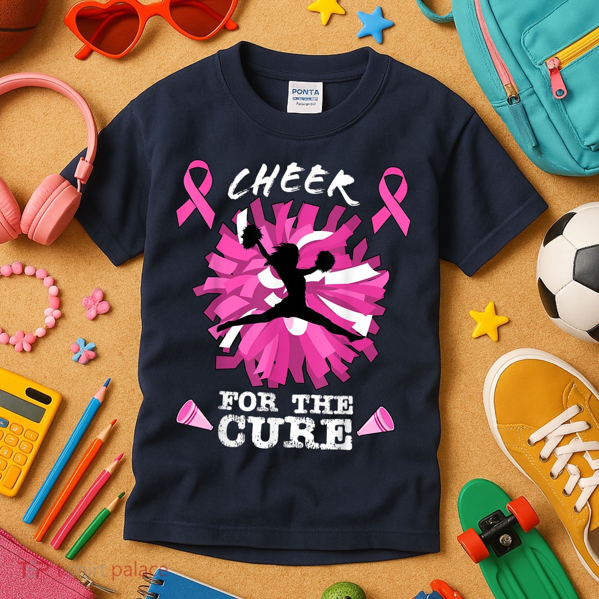 Cheer For The Cure Breast Cancer Awareness Month Cheerleader Kids T-Shirt