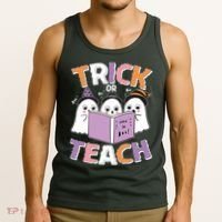 Cute Funny Trick Or Teach Reading Ghost Tank Top thumb 3