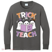 Cute Funny Trick Or Teach Reading Ghost Kids Long Sleeve Shirt thumb 0