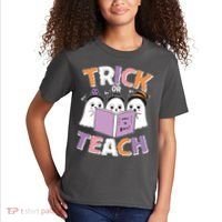 Cute Funny Trick Or Teach Reading Ghost Kids T-Shirt thumb 2