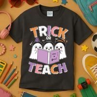 Cute Funny Trick Or Teach Reading Ghost Kids T-Shirt thumb 3