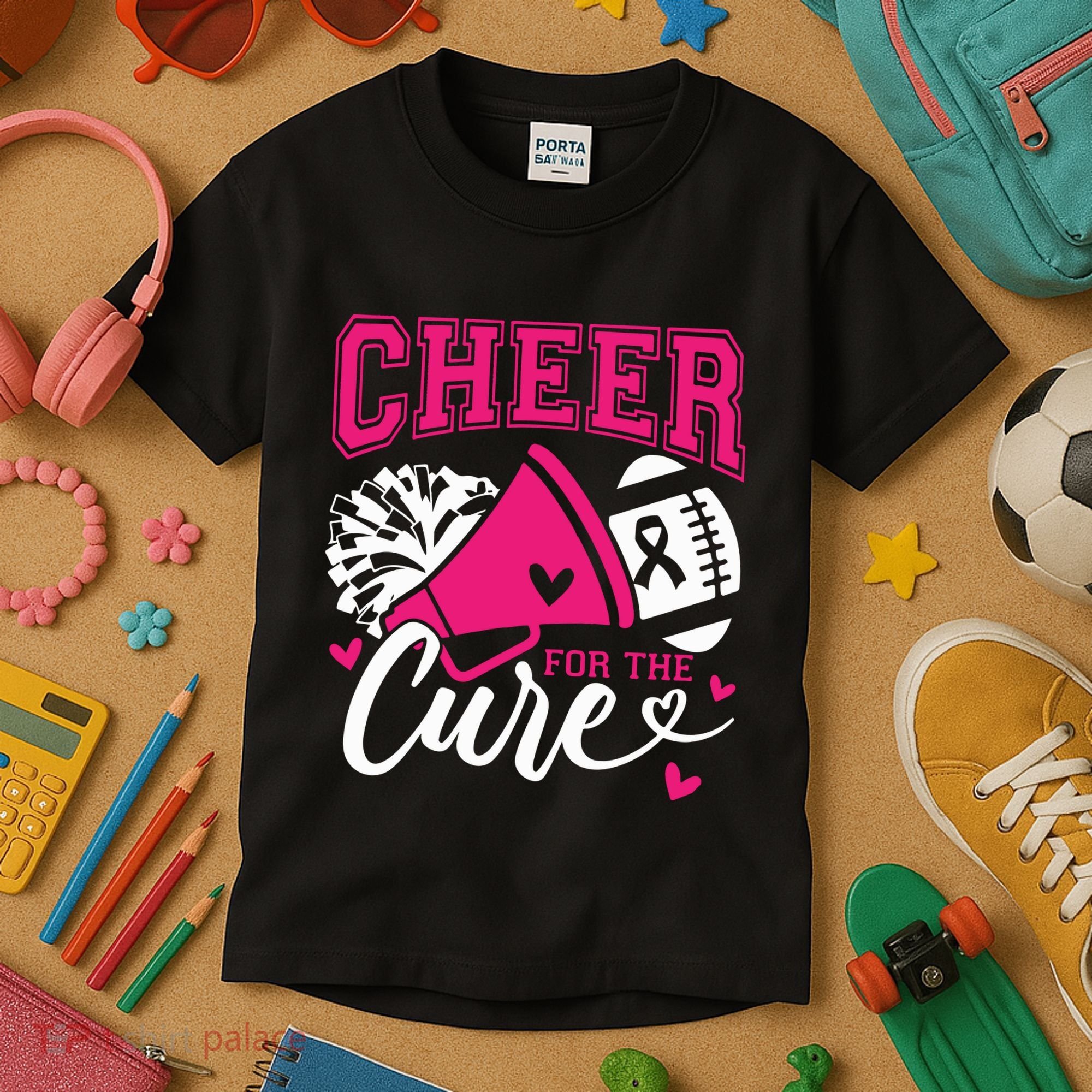 Cheer For The Cure Breast Cancer Cheerleader Pink October Kids T-Shirt