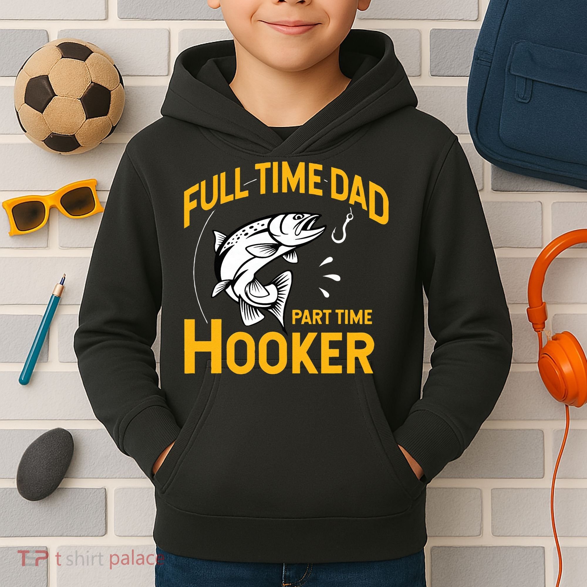 Cute Full Time Dad Part Time Hooker Funny Fathers Day Fishing Kids Hoodie