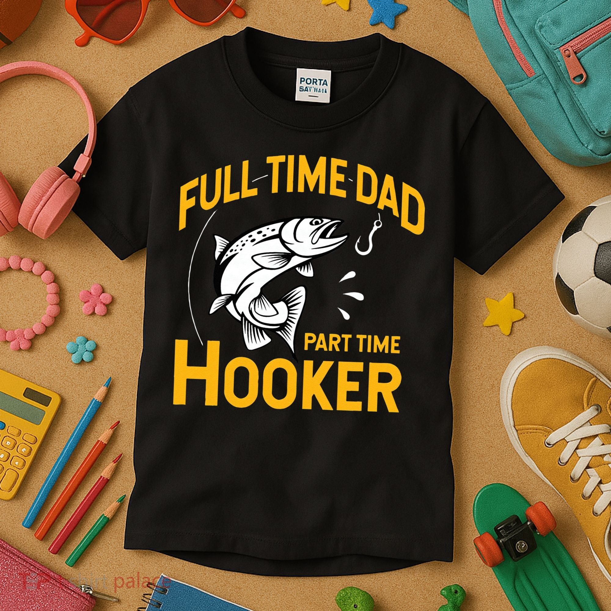 Cute Full Time Dad Part Time Hooker Funny Fathers Day Fishing Kids T-Shirt