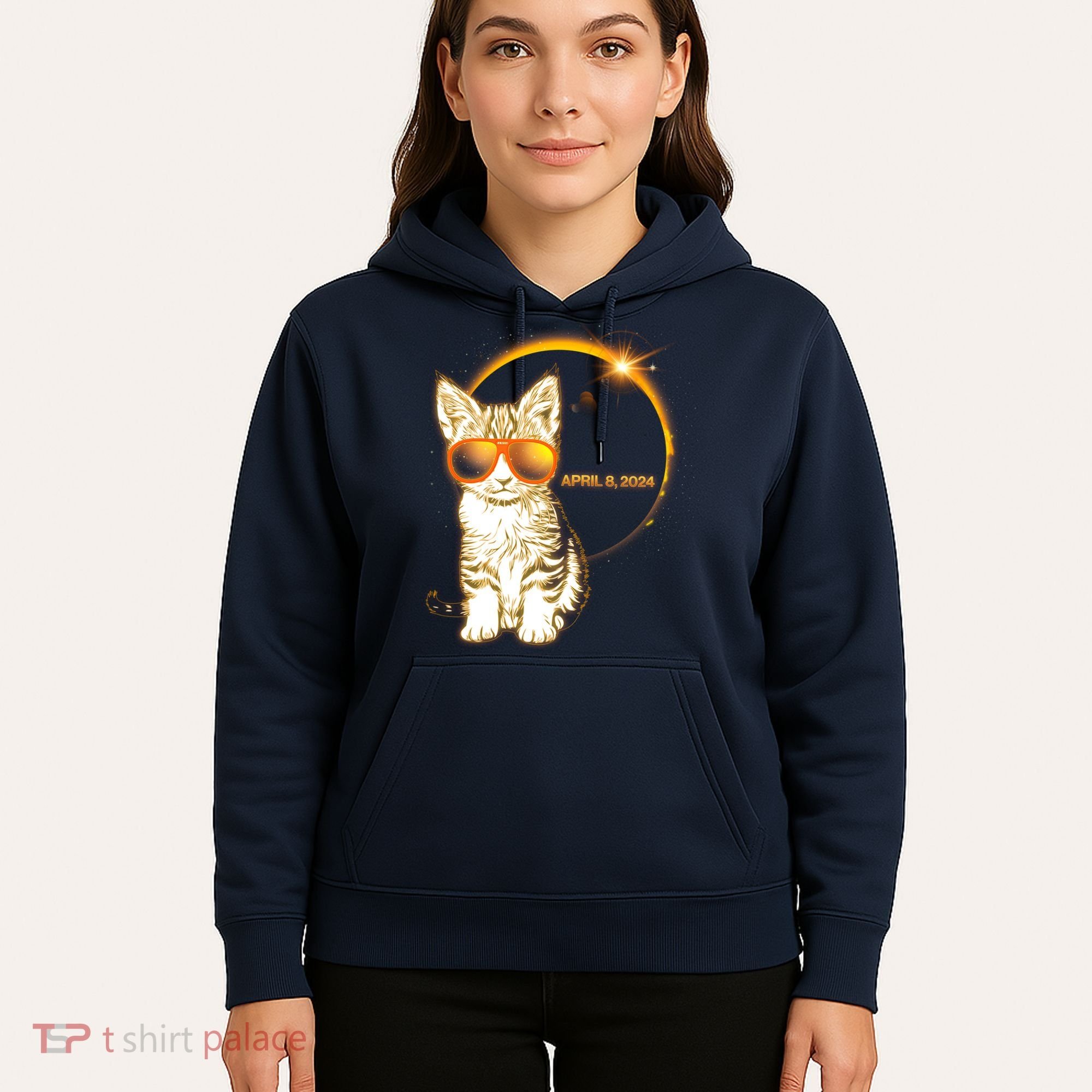 Cool Funny Total Solar Eclipse April 8 2024 Sunglasses Cat Kitten Hoodie