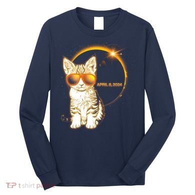 Cool Funny Total Solar Eclipse April 8 2024 Sunglasses Cat Kitten Long Sleeve Shirt