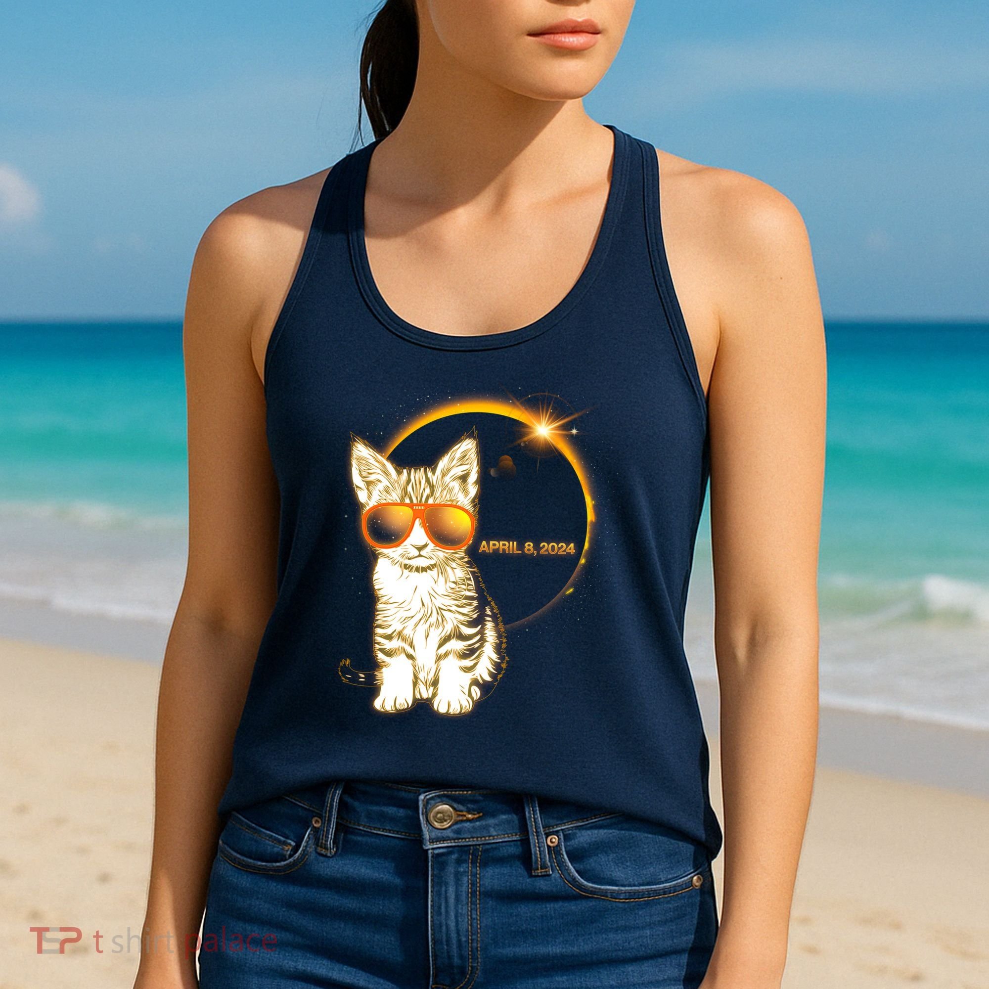 Cool Funny Total Solar Eclipse April 8 2024 Sunglasses Cat Kitten Women's Tank Top