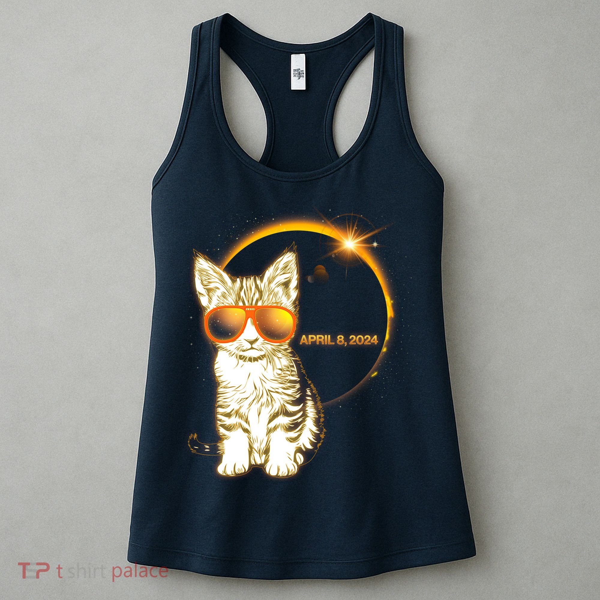 Cool Funny Total Solar Eclipse April 8 2024 Sunglasses Cat Kitten Women's Tank Top