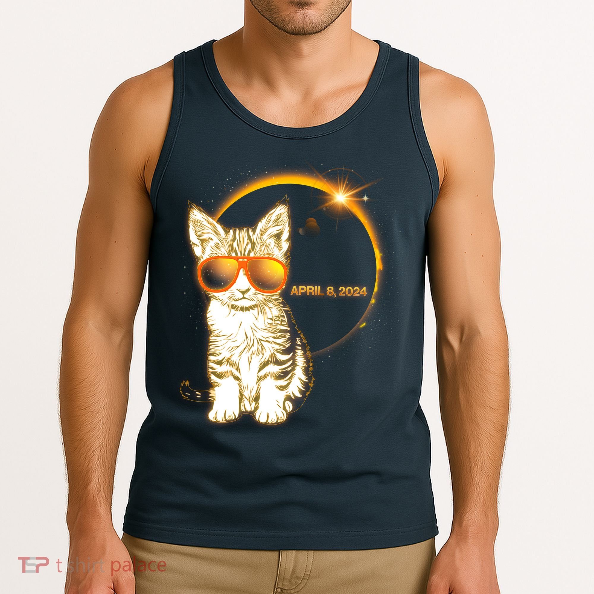 Cool Funny Total Solar Eclipse April 8 2024 Sunglasses Cat Kitten Tank Top