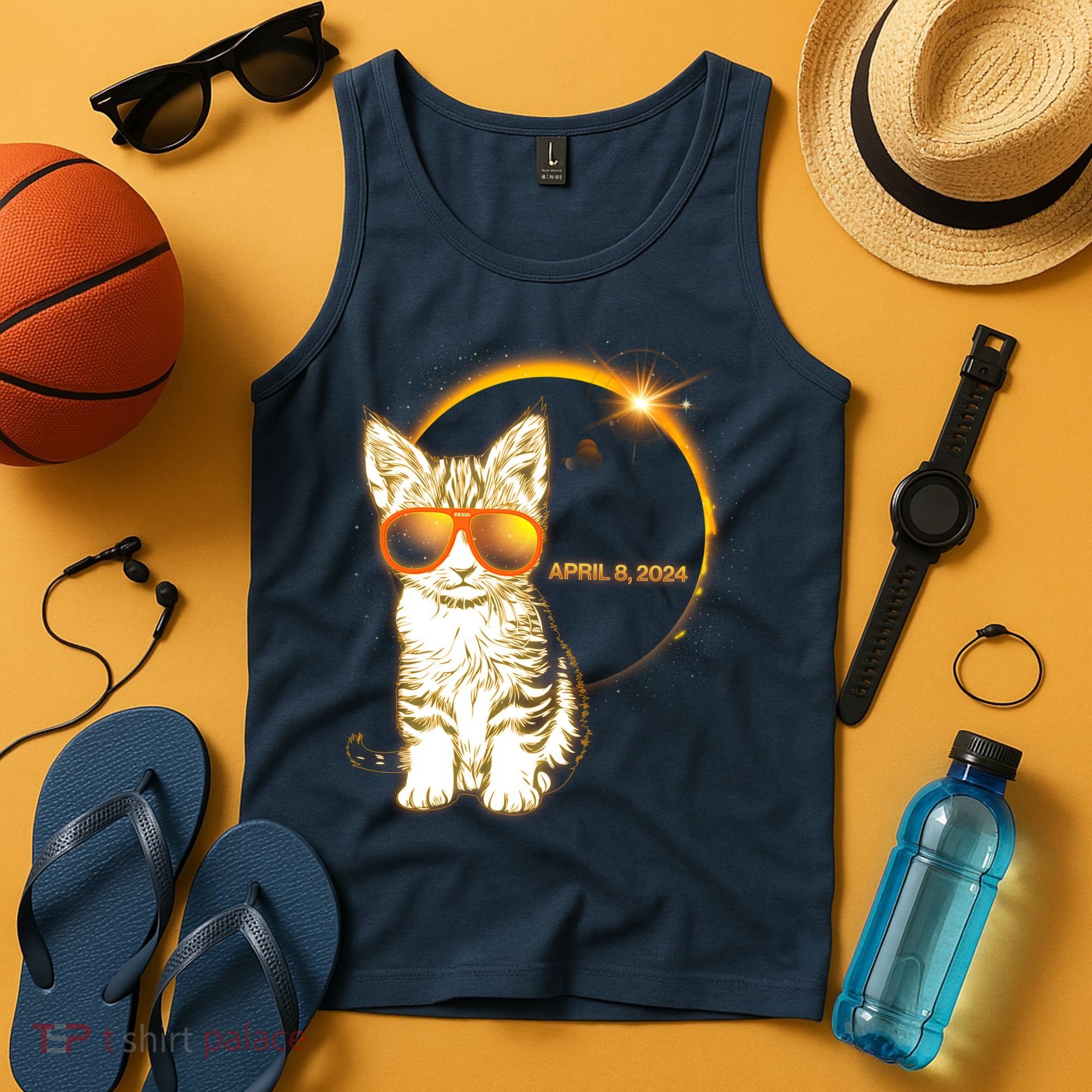 Cool Funny Total Solar Eclipse April 8 2024 Sunglasses Cat Kitten Tank Top