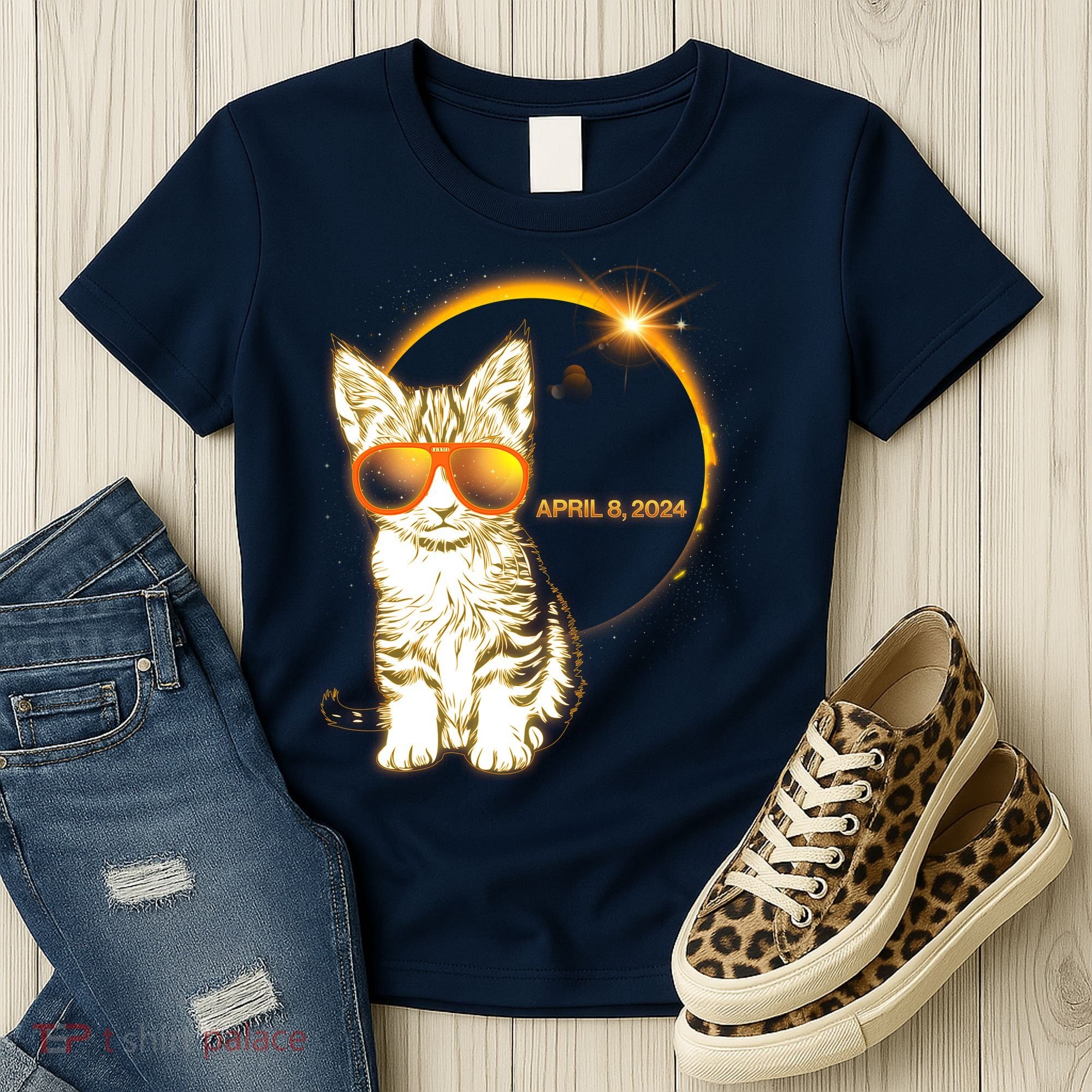 Cool Funny Total Solar Eclipse April 8 2024 Sunglasses Cat Kitten Women's T-Shirt