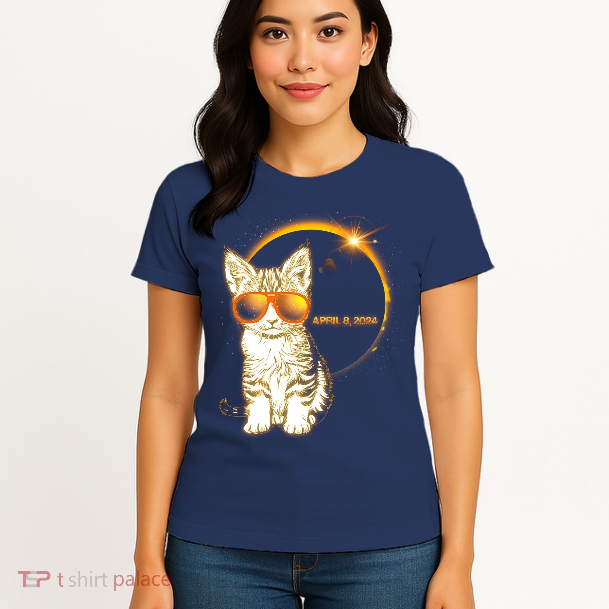 Cool Funny Total Solar Eclipse April 8 2024 Sunglasses Cat Kitten Women's T-Shirt