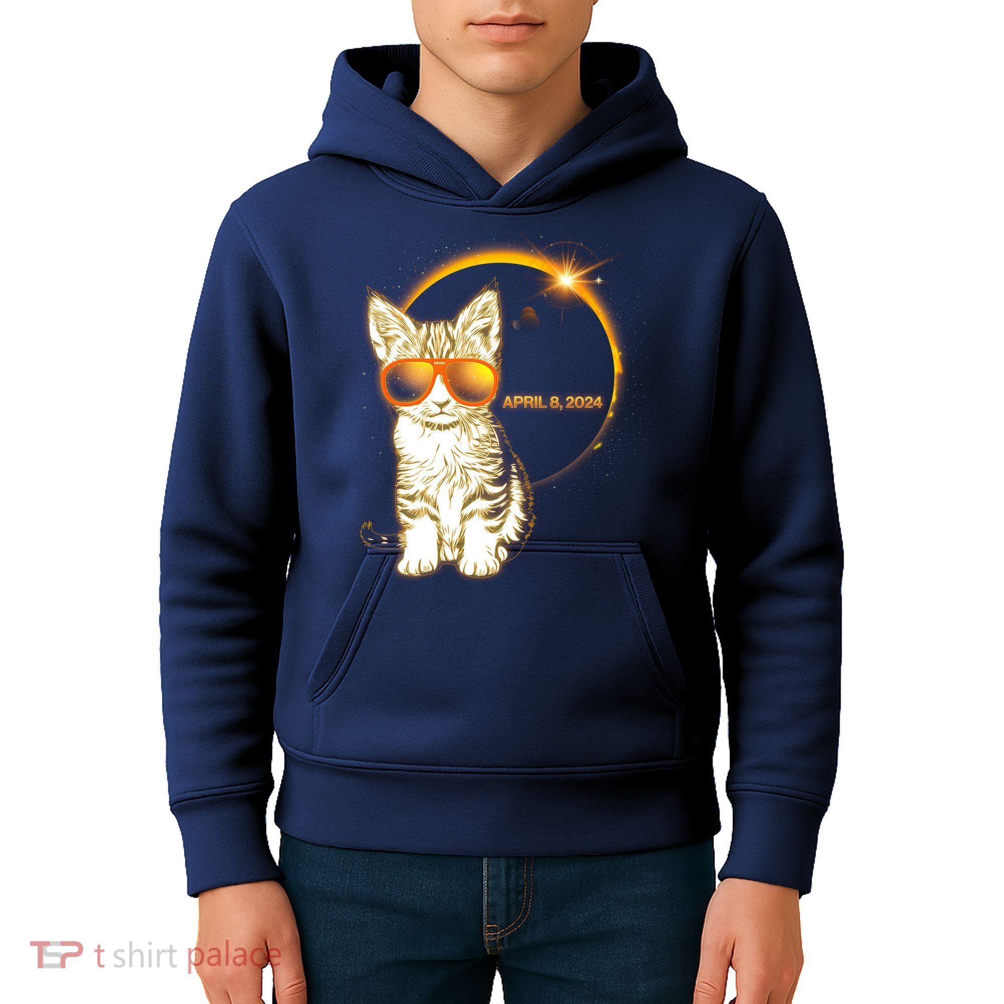 Cool Funny Total Solar Eclipse April 8 2024 Sunglasses Cat Kitten Kids Hoodie