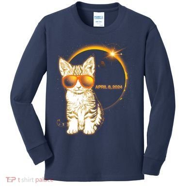 Cool Funny Total Solar Eclipse April 8 2024 Sunglasses Cat Kitten Kids Long Sleeve Shirt