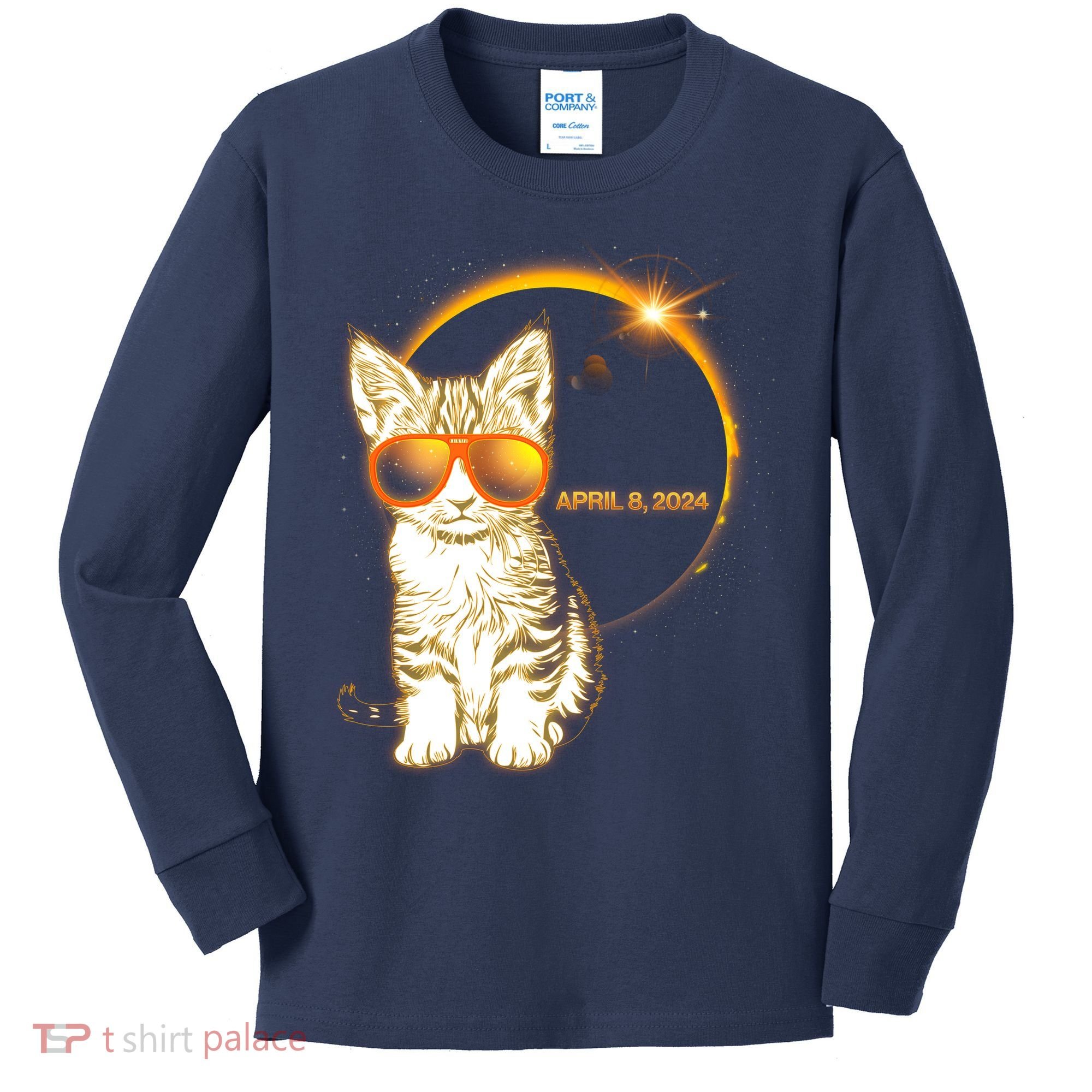 Cool Funny Total Solar Eclipse April 8 2024 Sunglasses Cat Kitten Kids Long Sleeve Shirt