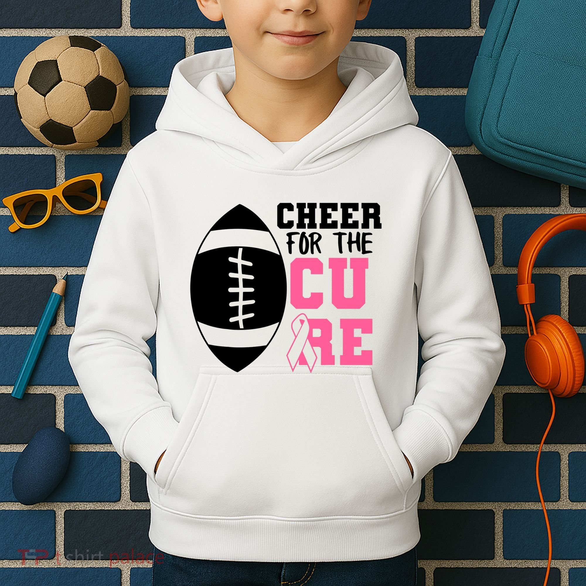 Cheer For The Cure Football Pink Breast Cancer Support Kids Hoodie