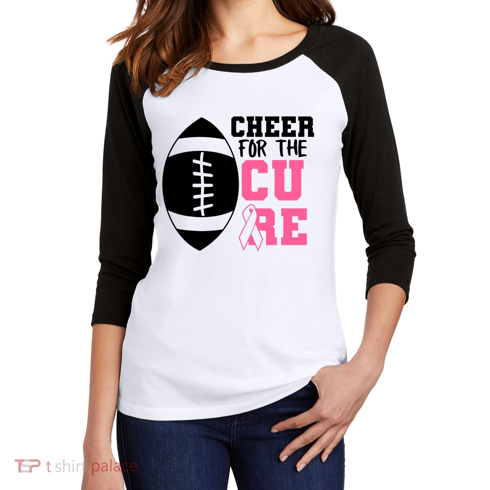 Cheer For The Cure Football Pink Breast Cancer Support Women's Tri-Blend 3/4-Sleeve Raglan Shirt