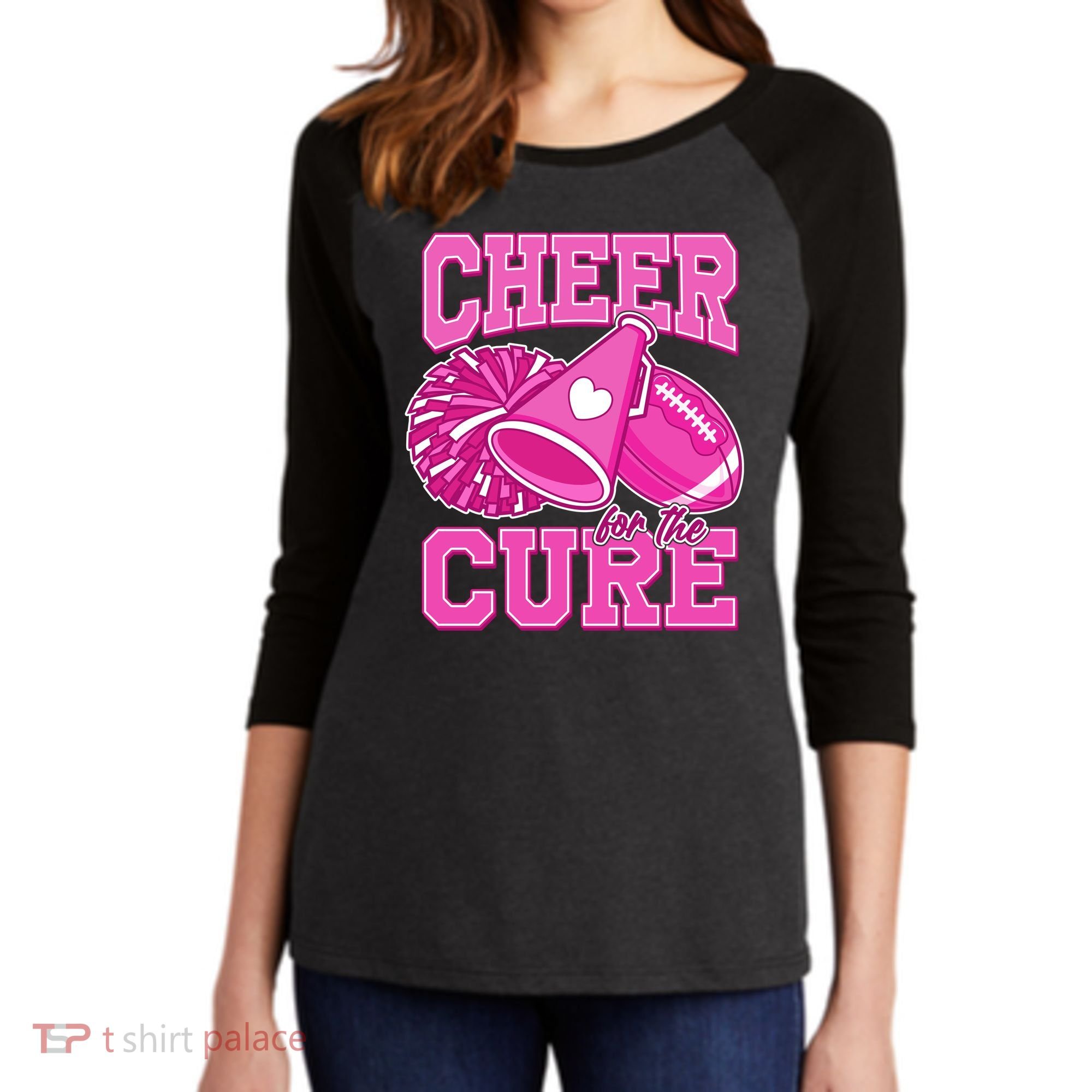 Cheer For The Cure Breast Cancer Awareness Cheerleader Women's Tri-Blend 3/4-Sleeve Raglan Shirt
