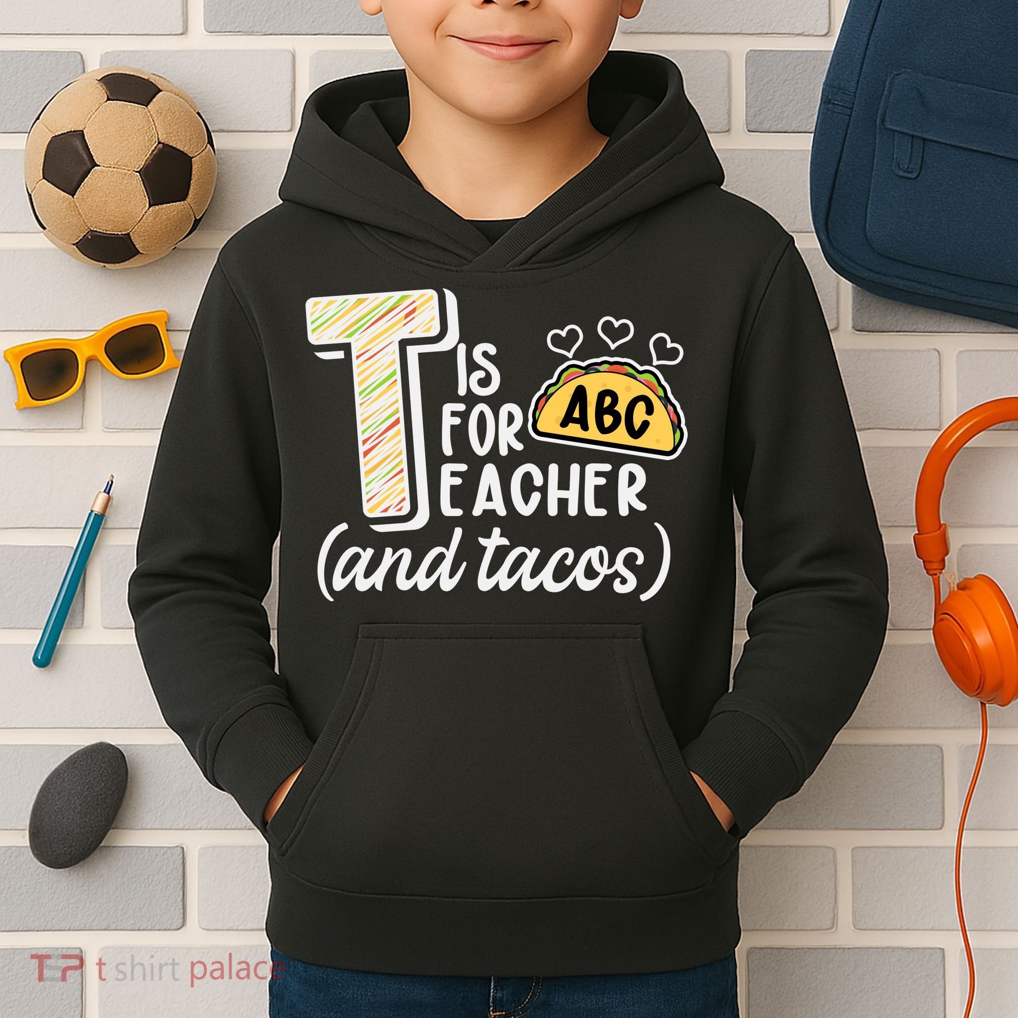 Cute Funny T Is For Teacher And Tacos Kids Hoodie