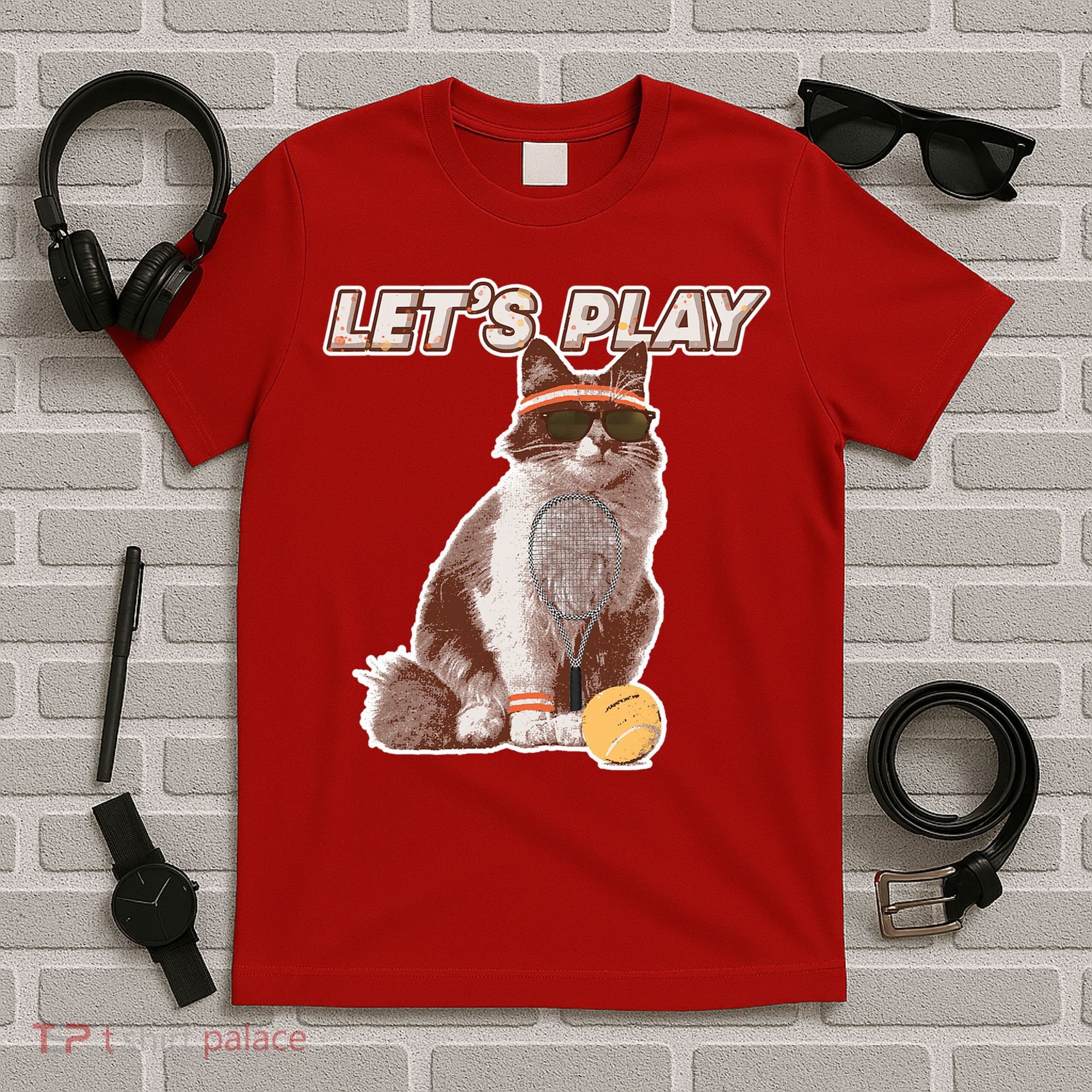 Cool Funny Tennis Cat Wearing Sunglasses Tennis Racket Ball T-Shirt