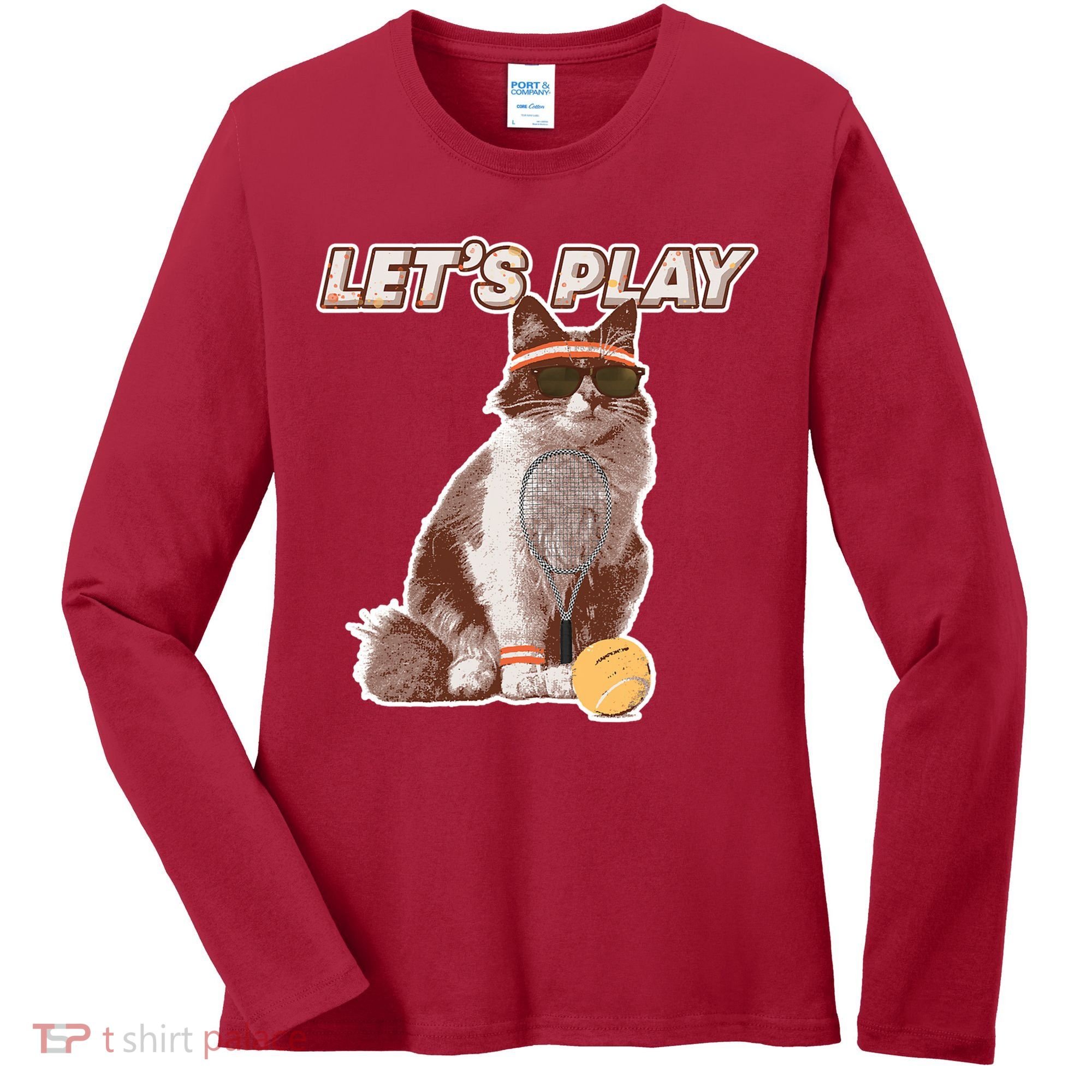 Cool Funny Tennis Cat Wearing Sunglasses Tennis Racket Ball Women's Long Sleeve Shirt