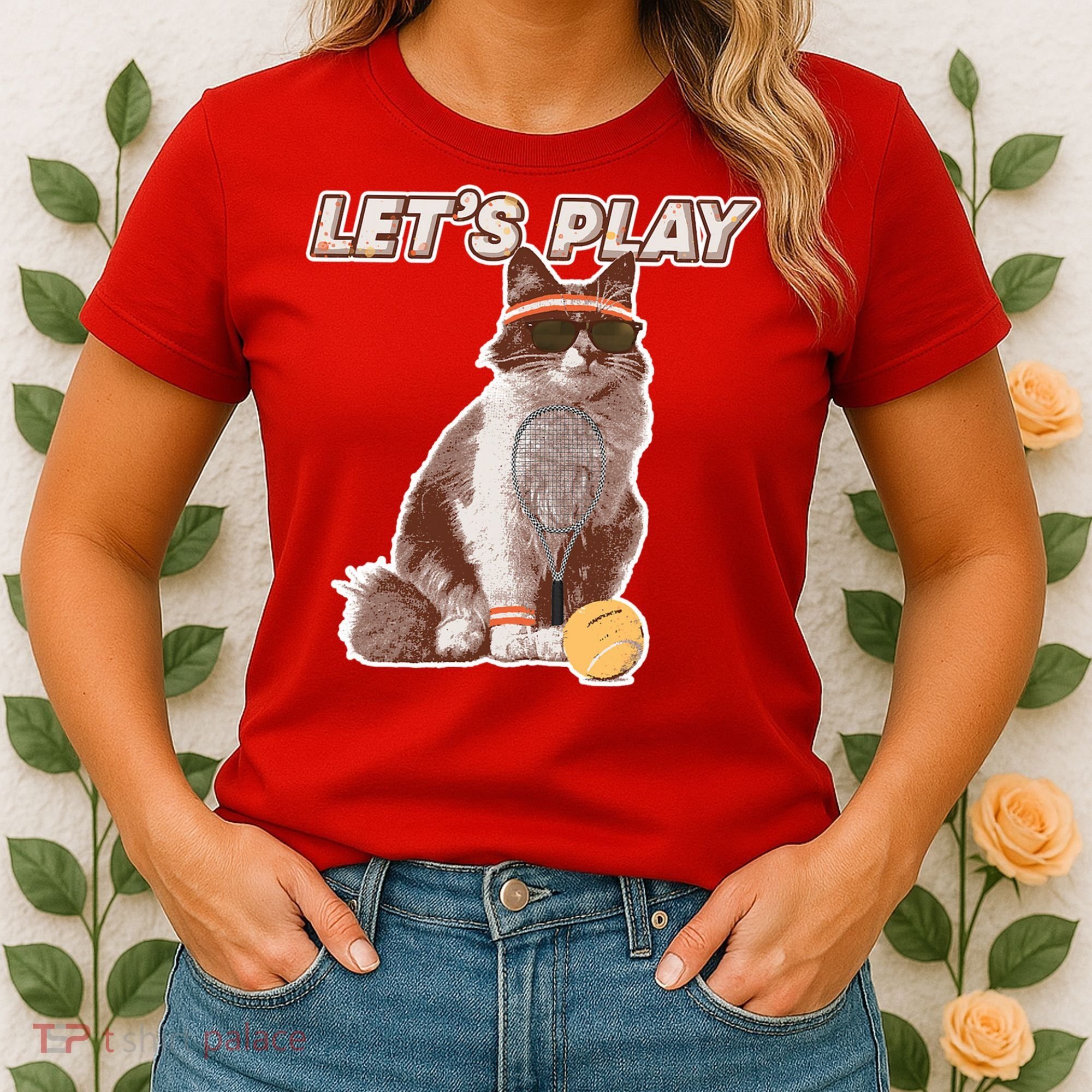 Cool Funny Tennis Cat Wearing Sunglasses Tennis Racket Ball Women's T-Shirt