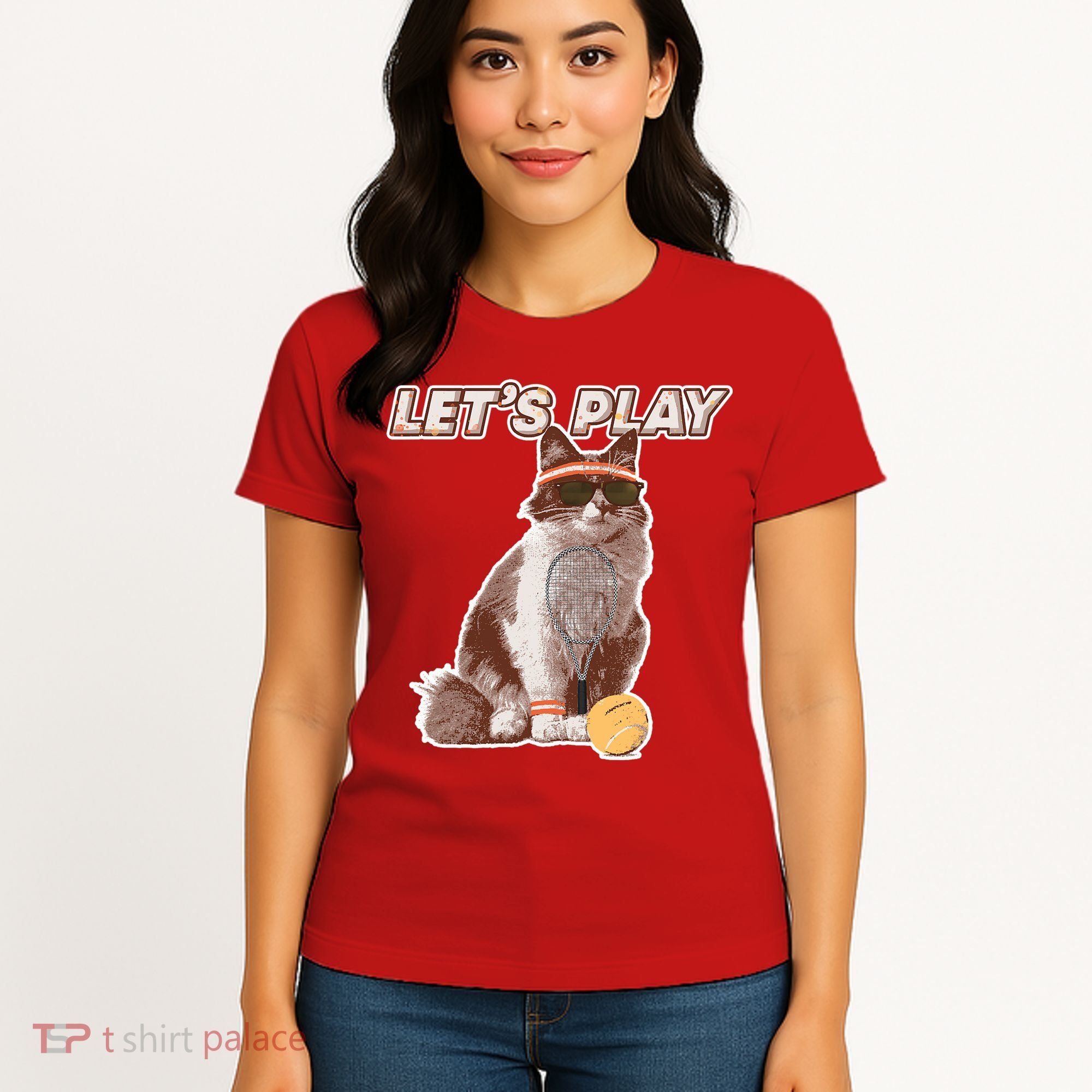 Cool Funny Tennis Cat Wearing Sunglasses Tennis Racket Ball Women's T-Shirt