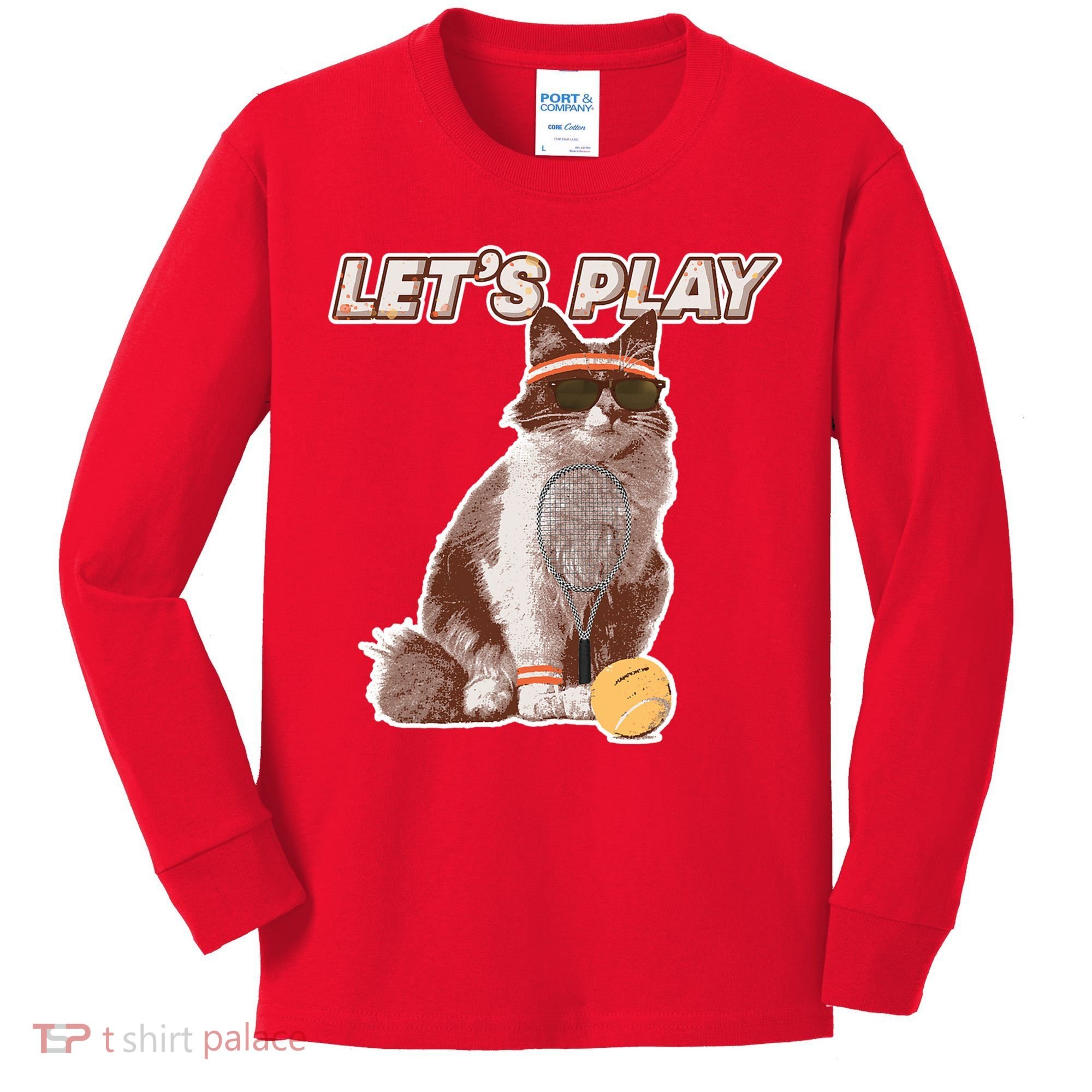 Cool Funny Tennis Cat Wearing Sunglasses Tennis Racket Ball Kids Long Sleeve Shirt