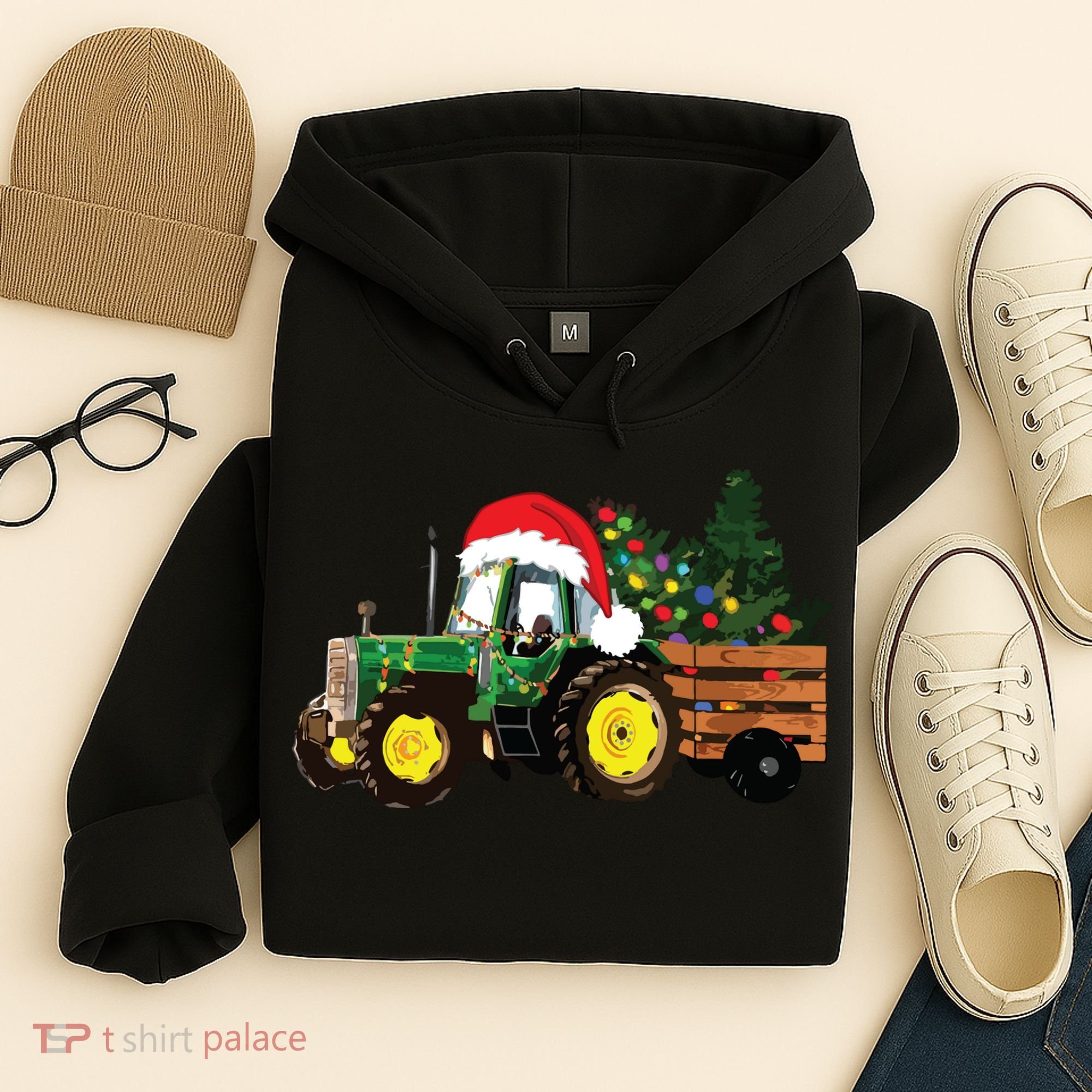 Christmas Farm Tractor Christmas Tree Lights Santa Farmer Hoodie
