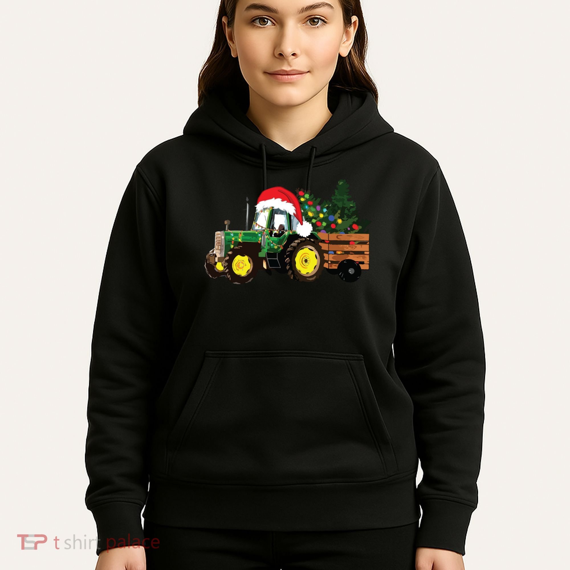 Christmas Farm Tractor Christmas Tree Lights Santa Farmer Hoodie