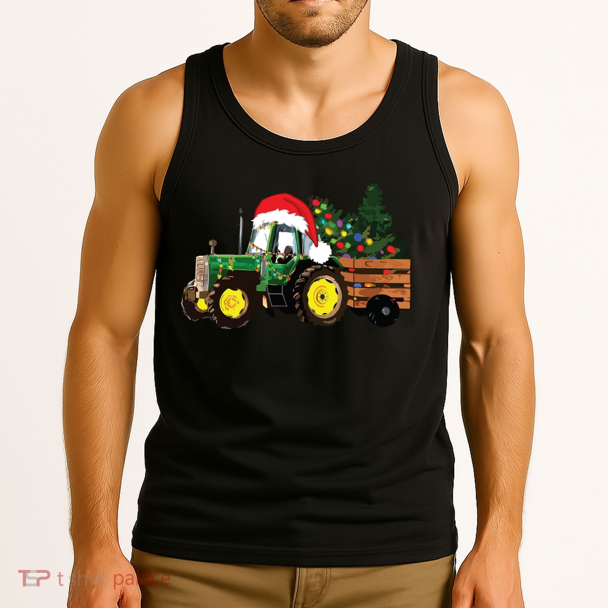Christmas Farm Tractor Christmas Tree Lights Santa Farmer Tank Top