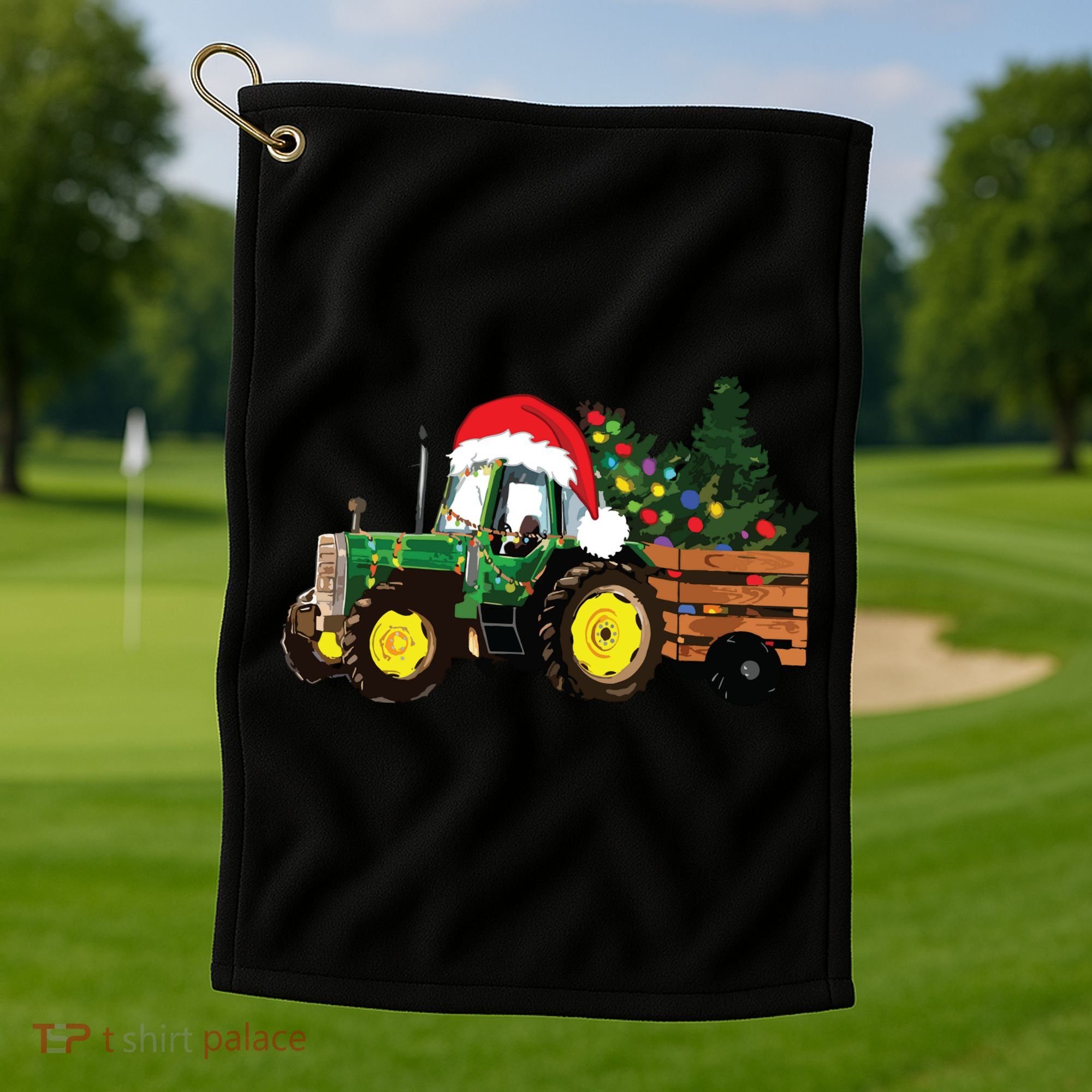 Christmas Farm Tractor Christmas Tree Lights Santa Farmer Golf Towel