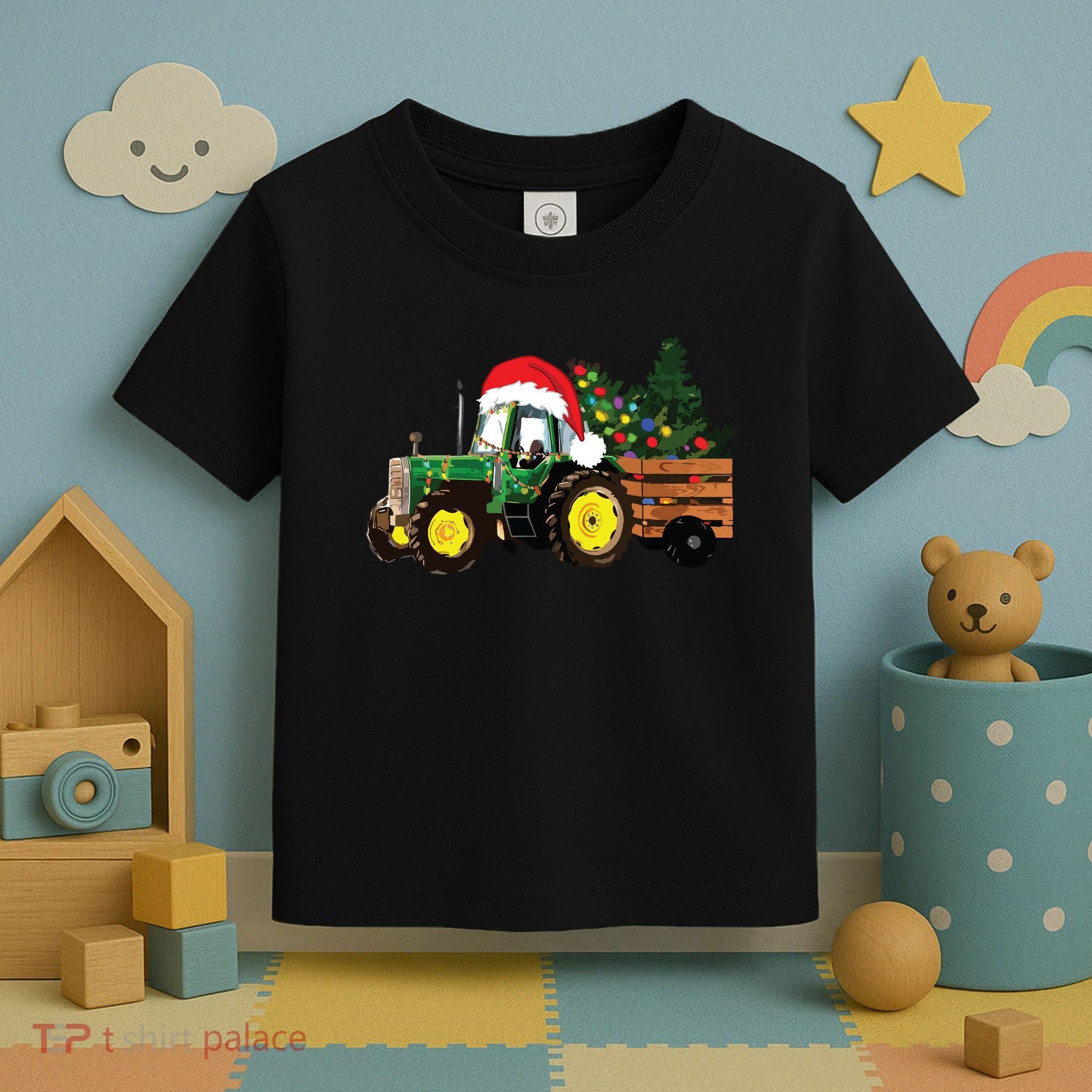 Christmas Farm Tractor Christmas Tree Lights Santa Farmer Toddler T-Shirt
