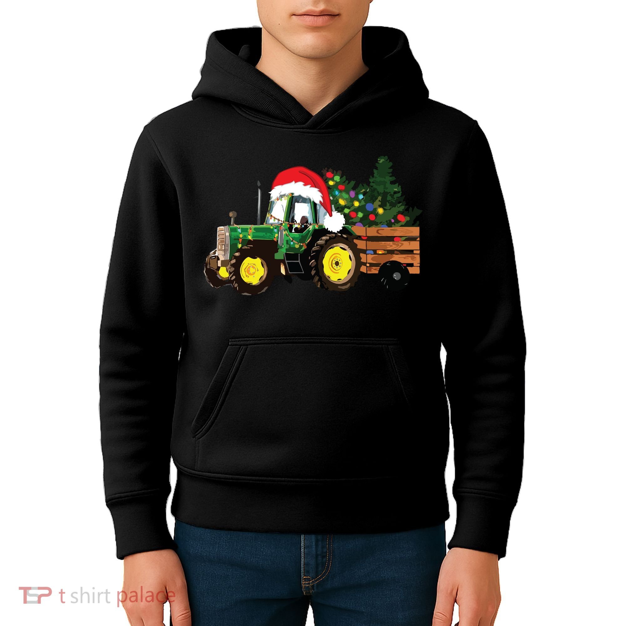 Christmas Farm Tractor Christmas Tree Lights Santa Farmer Kids Hoodie