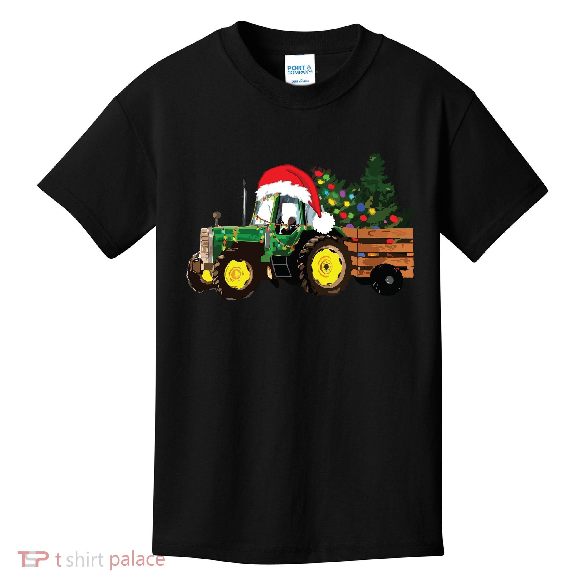 Christmas Farm Tractor Christmas Tree Lights Santa Farmer Kids T-Shirt