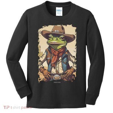 Cowboy Frog Texas Far West Usa Funny Toad Retro Gift Kids Long Sleeve Shirt