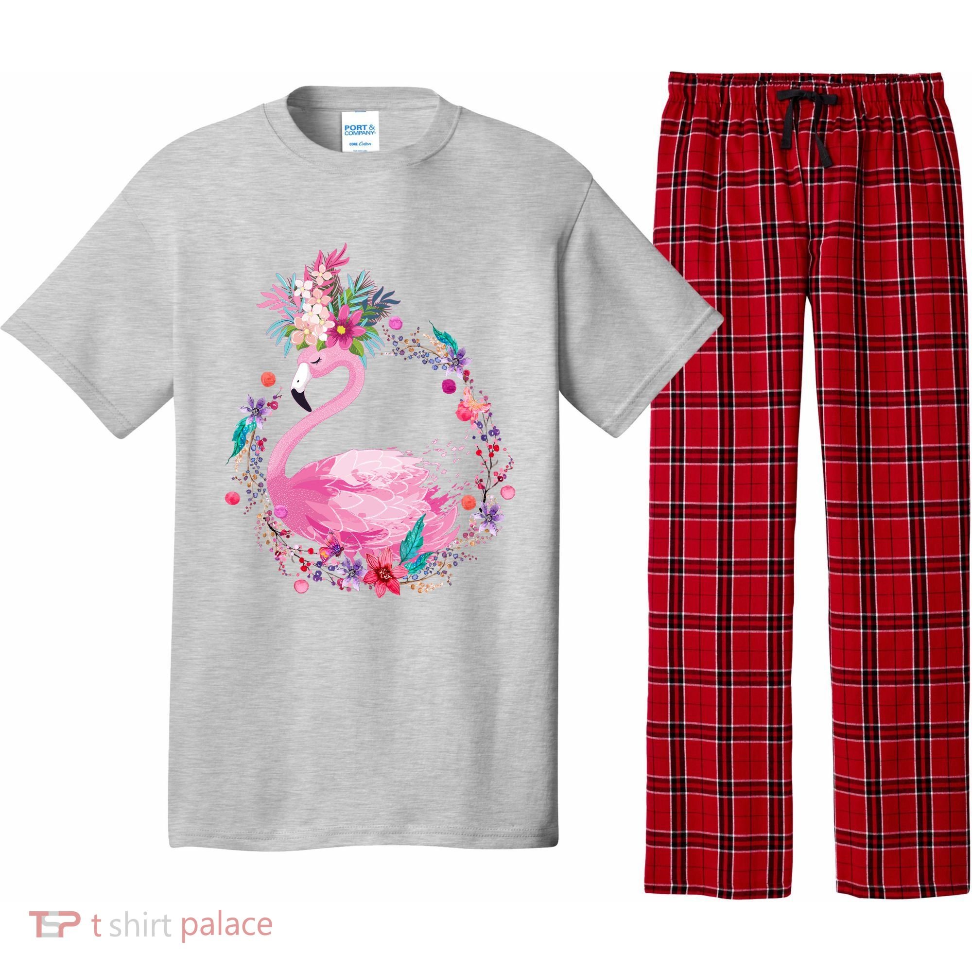Cute Flower Wreath Flamingo Pajama Set