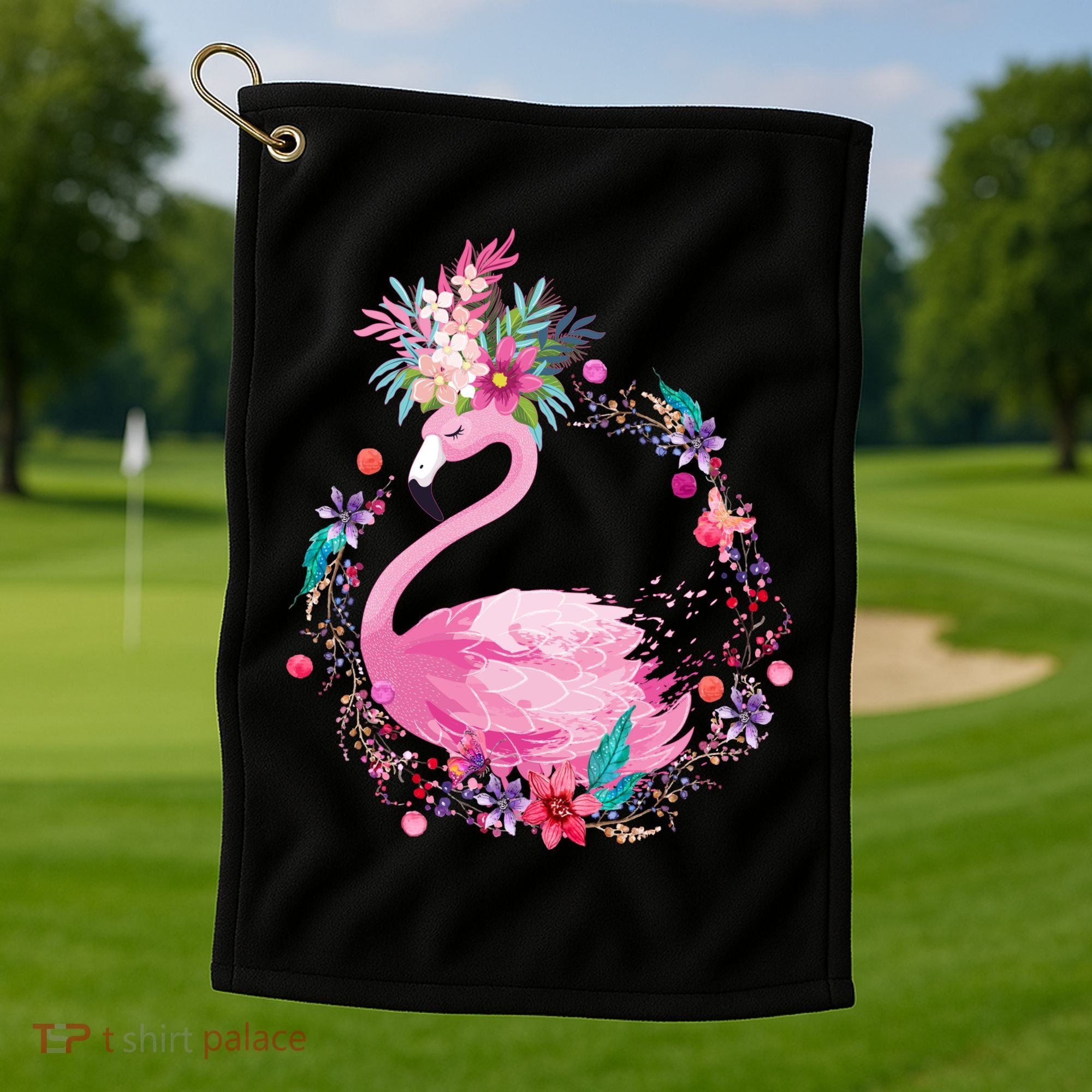 Cute Flower Wreath Flamingo Golf Towel