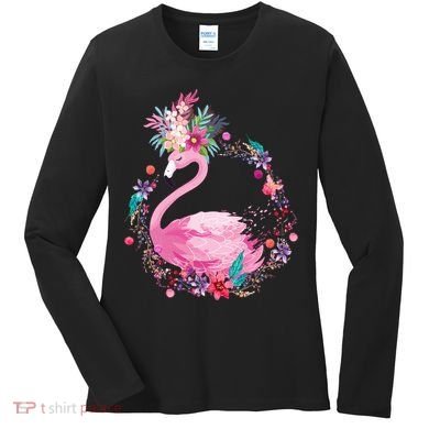 Cute Flower Wreath Flamingo Women's Long Sleeve Shirt