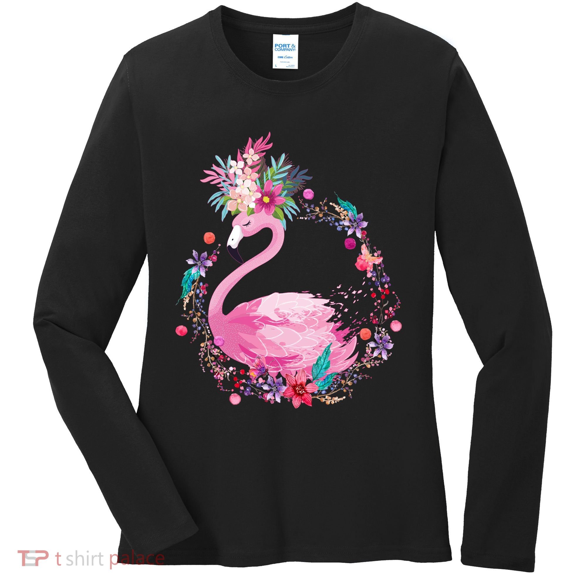 Cute Flower Wreath Flamingo Women's Long Sleeve Shirt