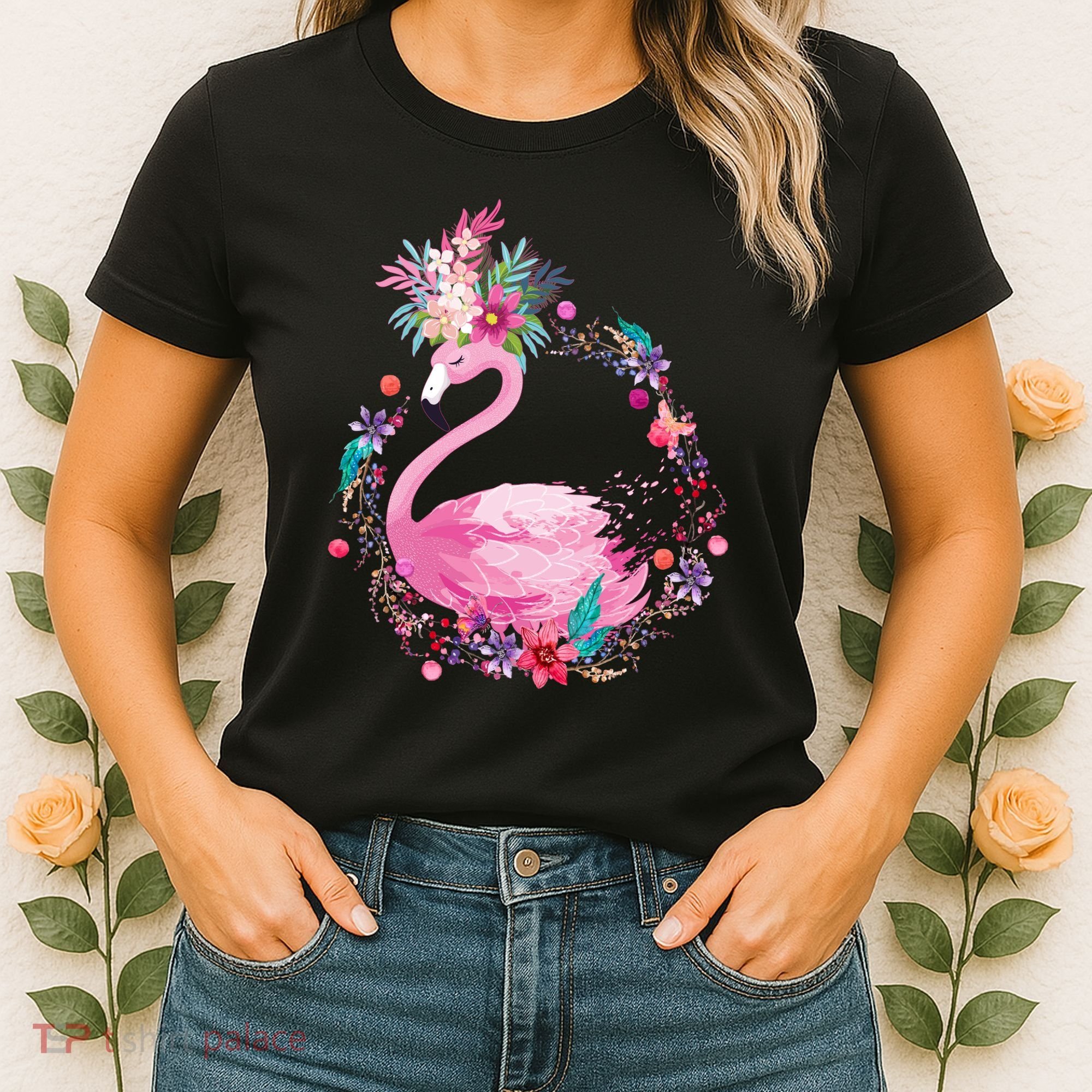 Cute Flower Wreath Flamingo Women's T-Shirt