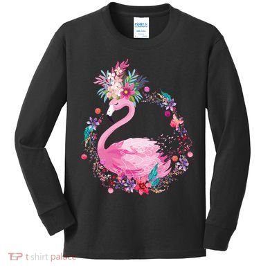 Cute Flower Wreath Flamingo Kids Long Sleeve Shirt