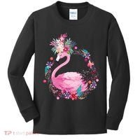 Cute Flower Wreath Flamingo Kids Long Sleeve Shirt thumb 0